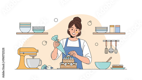 Smiling woman carefully decorates a layered white cake with blue icing using a piping bag in a well equipped domestic kitchen at home.