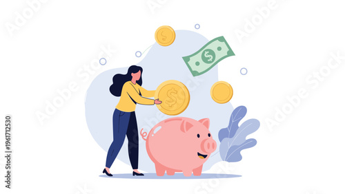 Young woman putting gold coins into large pink piggy bank with money floating around symbolizing personal savings goals.