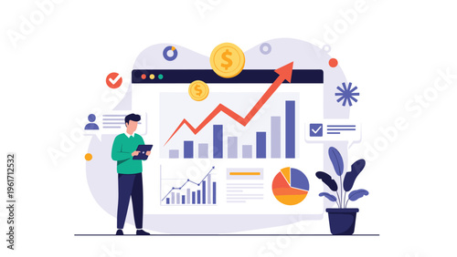 Professional man tracks business performance and financial growth trends on a large interactive digital screen with various graphs.