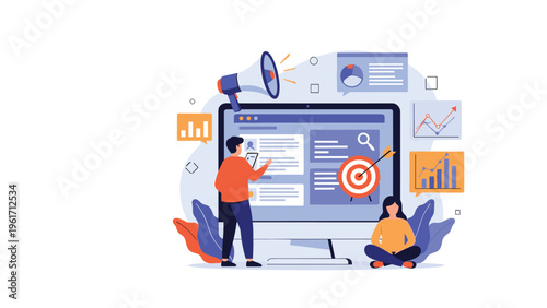 Man analyzing website data on large computer monitor with marketing icons like megaphone and target representing SEO strategy.