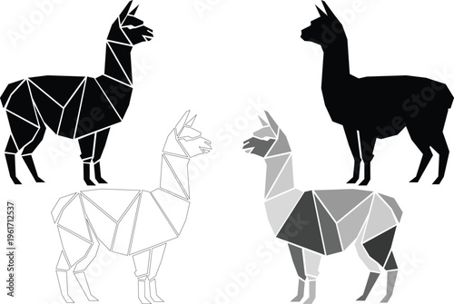 Geometric Alpaca Illustration Set Low Poly Llama Silhouette Vector Minimal Animal Design Modern Abstract Black White Editable Graphic Clipart Bundle Collection Premium High Quality Art