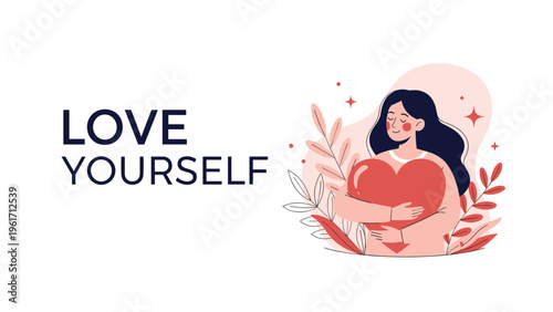 Woman hugging big red heart with Love Yourself text on white background promoting self-care and emotional well-being concepts.