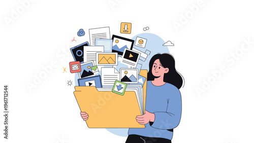 Woman holding large open yellow folder with various file icons like photos and documents representing digital data management.