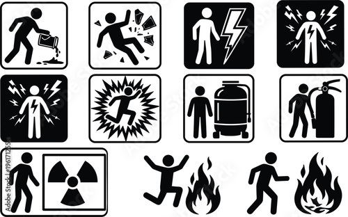 Safety hazard warning icons set including fire electricity radiation and industrial danger symbols