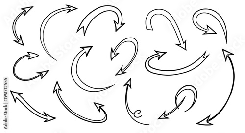 Arrows hand drawn set with black curved lines and pointed tips in various directions featuring direction, movement, icons with graphics and