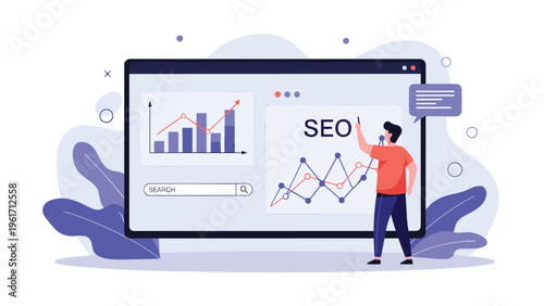 Specialist analyzing SEO data on large monitor with bar charts and search engine optimization concepts for marketing growth.