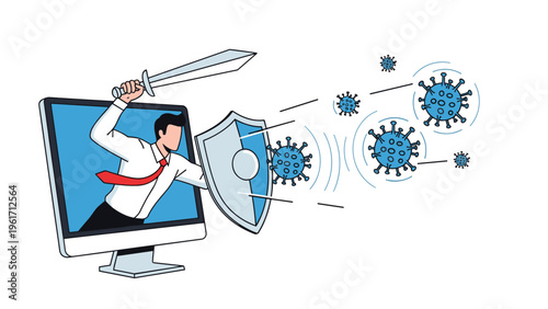 Businessman emerging from computer screen with sword and shield fighting off viruses representing digital data protection.