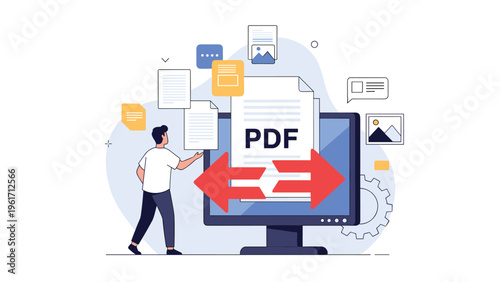 User converting various file formats into PDF document on computer screen with arrows indicating file management.