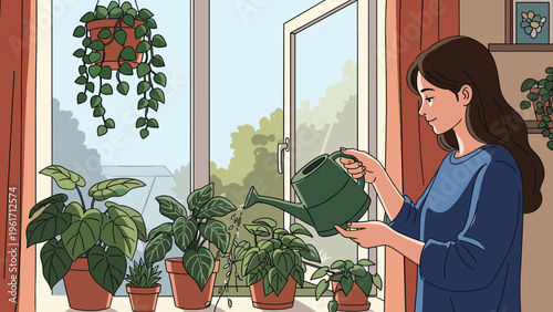 Young woman watering several potted plants on windowsill with green watering can illustrating indoor gardening hobby.