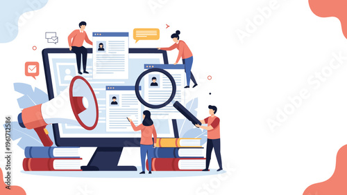 Team of professionals reviewing resumes and applications on large computer monitor using magnifying glass to find candidates.