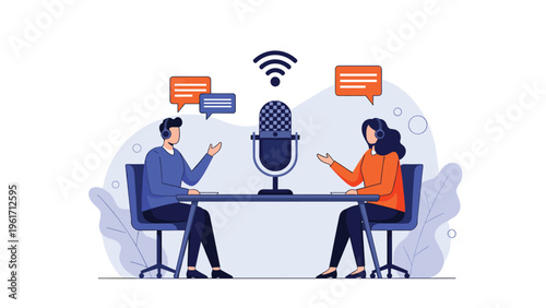 Man and woman hosting podcast in studio with professional microphone and headphones while broadcasting over the internet.