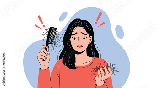Worried young woman looking at hair loss on her comb and in her hand with exclamation marks showing concern about thinning or balding.