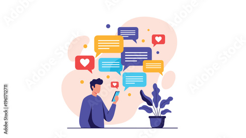 Young man using a mobile smartphone with multiple colorful speech bubbles and heart symbols representing social media interactions and chats.