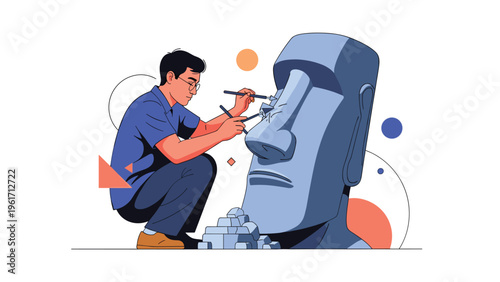 Artistic male sculptor meticulously carving a large stone head statue using specialized tools and hammers in a creative outdoor setting.