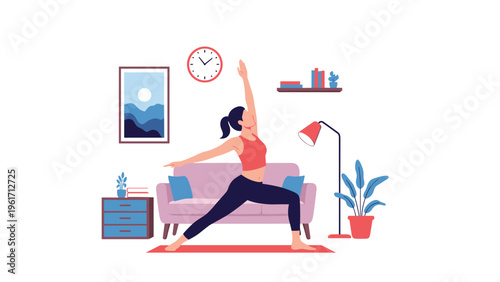 Young woman practicing yoga in warrior pose inside a cozy living room with a sofa, plants, a clock, and a landscape picture on the wall.