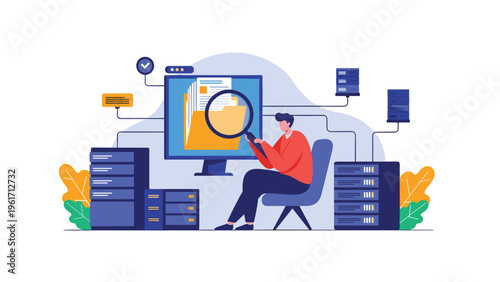 Data analyst using a magnifying glass to search through digital files and folders on a computer screen surrounded by server towers and icons.