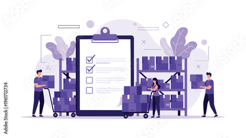 Warehouse workers managing inventory by moving boxes and checking off items on a giant clipboard in a purple-themed industrial storage facility.