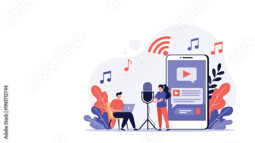 Creative team recording an audio podcast with a microphone and laptop in front of a giant smartphone screen displaying music icons and waves.