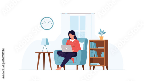 Young woman sitting in a comfortable armchair at home while working on her laptop near a bookshelf, lamp, and clock in a cozy room.