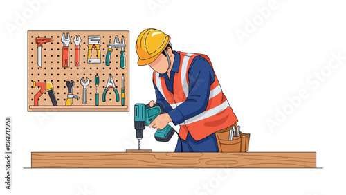 Skilled construction worker in a safety helmet and vest using an electric drill on a wooden plank with a wall of tools in the background.