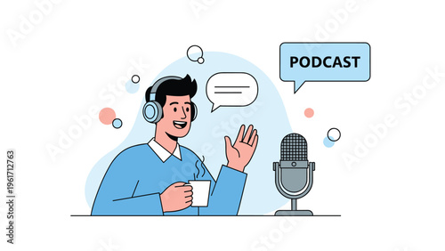 Smiling man wearing headphones and holding a coffee cup while recording a podcast in front of a microphone and speech bubble elements.