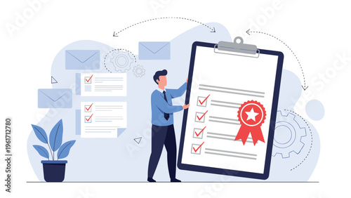 Business professional checking off a list of items on a giant clipboard with a gold medal representing achievement, quality, and certification.