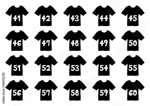 41から60までの数字が書いてある黒いシャツの手描きイラストセット