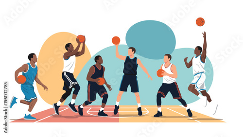 Diverse group of male athletes playing a game of basketball on a court with various movements like dribbling, shooting, and jumping.