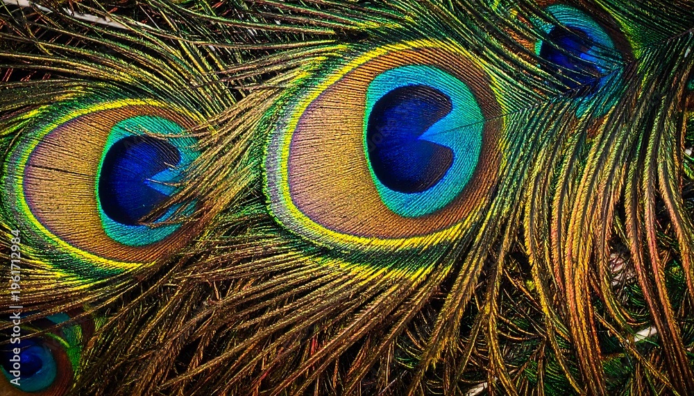 Fototapeta premium Close-up view of peacock feathers, showcasing detailed patterns and vibrant coloration