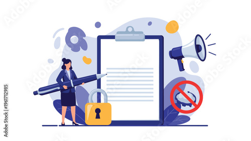 Human resources manager using a magnifying glass to search for potential job candidates in front of a large briefcase and resumes.