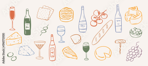 파스텔 라인아트 스타일의 와인과 치즈 파티 요소 손그림 세트