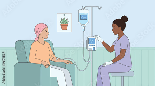 Nurse administers IV chemotherapy treatment to a cancer patient. Emphasizes medical care, support, and hope