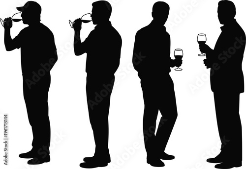 Silhouettes of men drinking wine in standing poses for social gathering and lifestyle concept