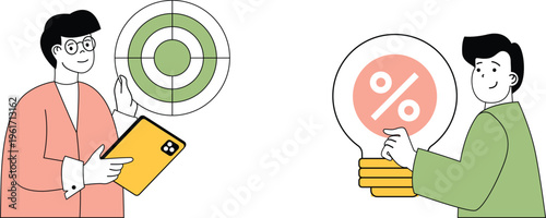 Two professionals discussing financial targets and percentage goals with visual aids and digital tablet