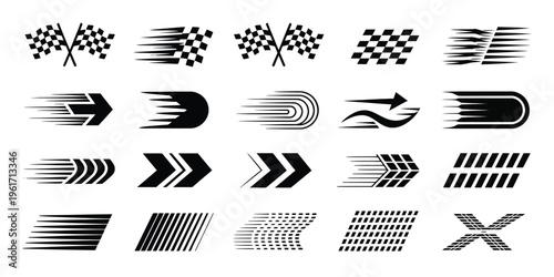 Racing car stripes vector set, including checkered flag and finish line elements, minimal and modern design for racing, motorsport events, and automotive-themed apps, websites, and promotional