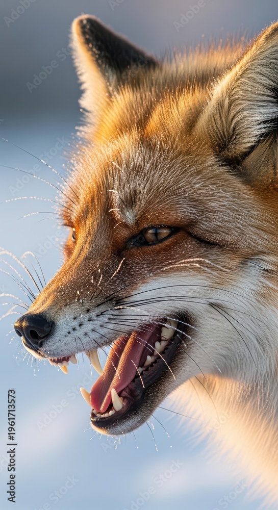 Fototapeta premium Red fox snarling showing teeth in snowy close portrait