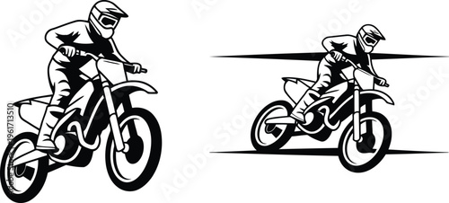 Dynamic black and white illustration of a motocross rider on a dirt bike in action posture