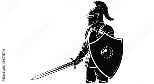 A valiant knight stands guard with sword and shield silhouette