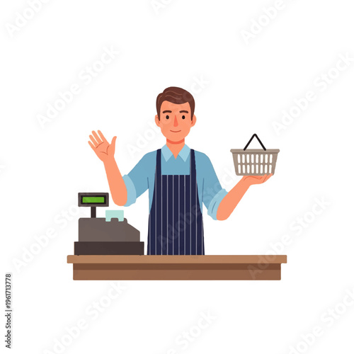 Happy shopkeeper with shopping basket and cash register, greeting customers with a smile