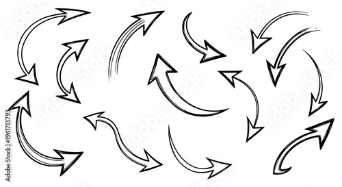 Arrows hand drawn set with black curved lines and pointed tips in various directions featuring vector, illustration, graphic with resources and