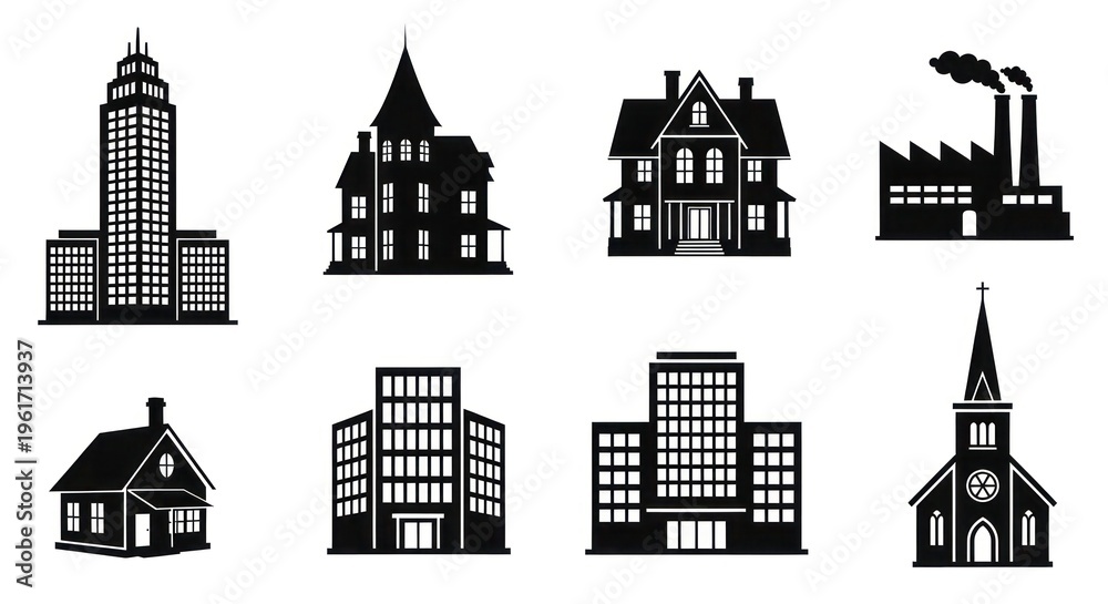 Fototapeta premium Black and white cityscape icons set with various buildings houses and church silhouettes on plain background