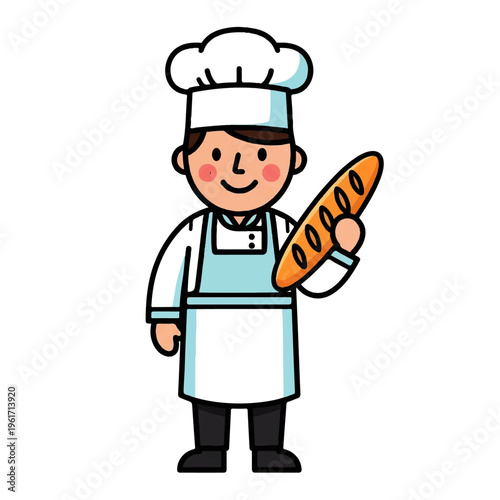 Smiling Chef Holding a Freshly Baked Baguette, Vector Illustration for Culinary Businesses