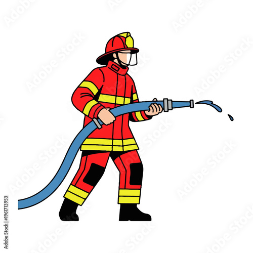 Dynamic vector illustration of a brave firefighter actively dousing a fire with a powerful water hose, ready for emergency rescue operations