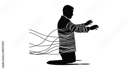 Man entangled in lines a striking black silhouette