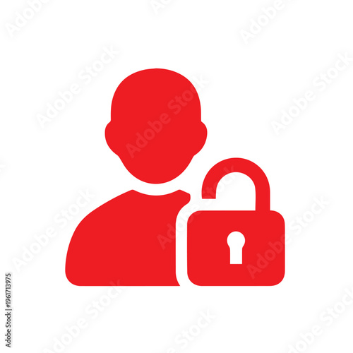 Red silhouette icon depicts an unlocked user account security status against a white background.