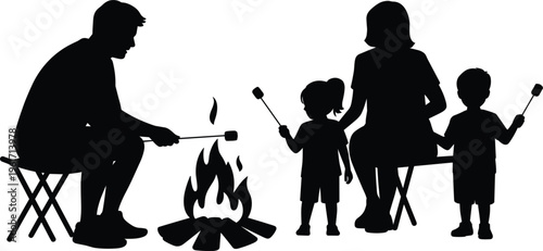 Family camping silhouettes with campfire roasting marshmallows in outdoor adventure and bonding scene