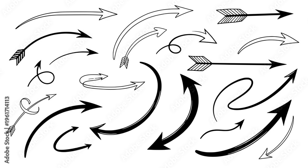 Obraz premium Arrows hand drawn set with black curved lines and pointed tips in various directions and styles featuring direction, movement, icons with graphics