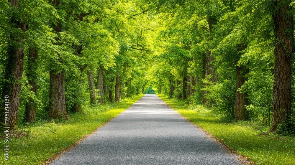 Fototapeta premium Serene Pathway Through Lush Green Forests Inviting Nature Lovers For Tranquil Walks Amidst Vibrant Foliage Under Clear Blue Skies