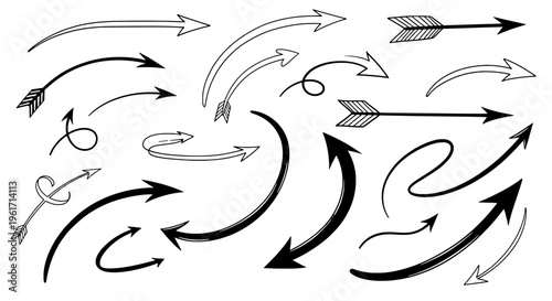 Arrows hand drawn set with black curved lines and pointed tips in various directions and styles featuring direction, movement, icons with graphics