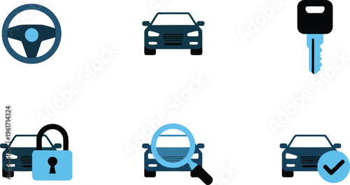 Essential car and vehicle management related symbols in a modern blue and grey style